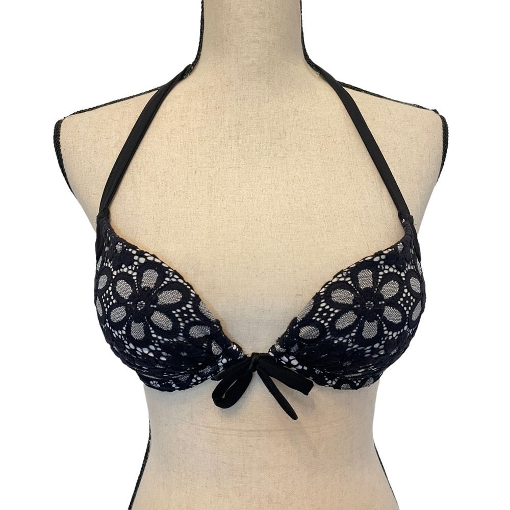 VICTORIA'S SECRET BLACK & WHITE FLORAL CUTOUT PUSHUP BIKINI TOP 34A
